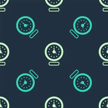 Green and beige Clock icon isolated seamless pattern on blue background. Time Stock Illustration