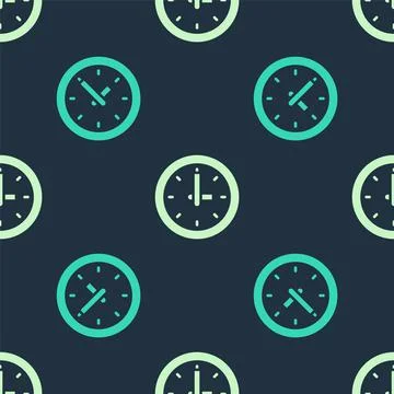 Green and beige Clock icon isolated seamless pattern on blue background. Time Stock Illustration