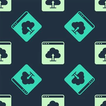 Green and beige Cloud upload icon isolated seamless pattern on blue backgroun Illustrazione stock