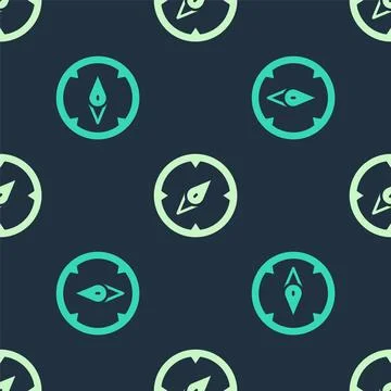 Green and beige Compass icon isolated seamless pattern on blue background. .. Illustrazione stock