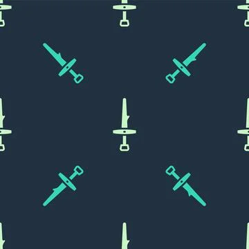 Green and beige Dagger icon isolated seamless pattern on blue background. Knife Stock Illustration