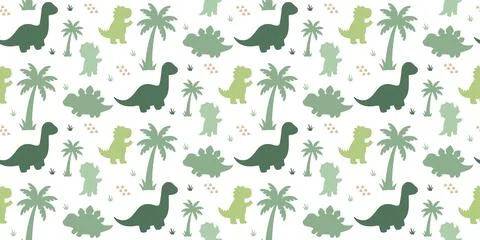 Green and beige dinosaur pattern with palm trees and footprints on white Stock Illustration