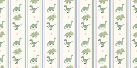 Green and beige dinosaurs pattern with vertical stripes and playful shapes for Stock Illustration