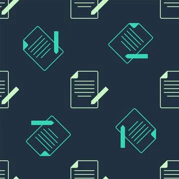 Green and beige Document and pen icon isolated seamless pattern on blue Illustrazione stock