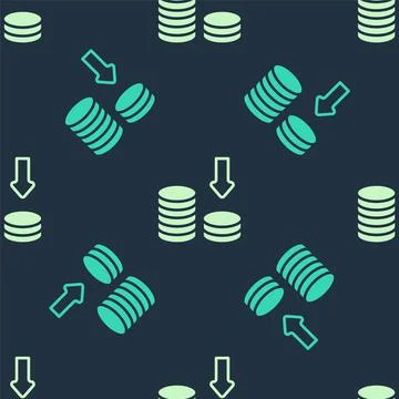 Green and beige Dollar rate decrease icon isolated seamless pattern on blue Illustrazione stock