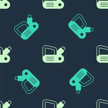 Green and beige Electric planer tool icon isolated seamless pattern on blue.. Stock Illustration