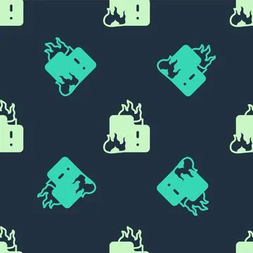 Green and beige Fire in burning house icon isolated seamless pattern on blue 스톡 일러스트