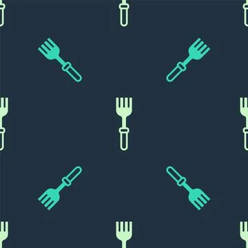 Green and beige Fork icon isolated seamless pattern on blue background. Cutlery Illustrazione stock
