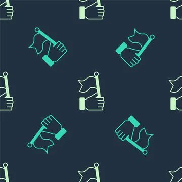 Green and beige Hand holding flag icon isolated seamless pattern on blue Illustrazione stock