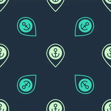 Green and beige Map pointer with anchor icon isolated seamless pattern on blu イラスト素材