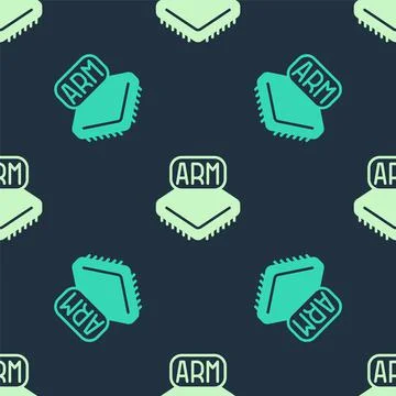 Green and beige Processor icon isolated seamless pattern on blue background. CPU Stock Illustration