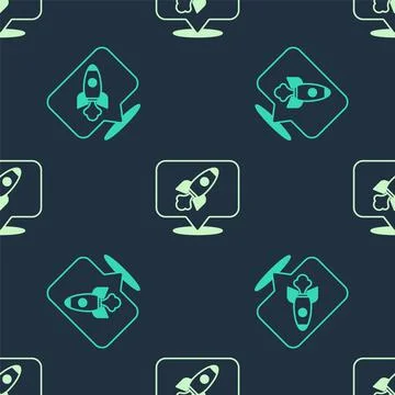 Green and beige Rocket ship icon isolated seamless pattern on blue background Stock Illustration