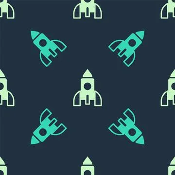 Green and beige Rocket ship toy icon isolated seamless pattern on blue back.. Stock Illustration
