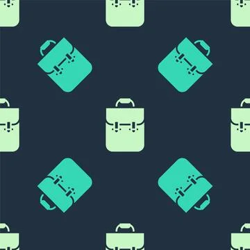 Green and beige School backpack icon isolated seamless pattern on blue 库存插图