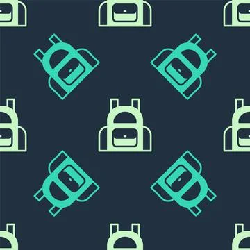 Green and beige School backpack icon isolated seamless pattern on blue backgr 库存插图