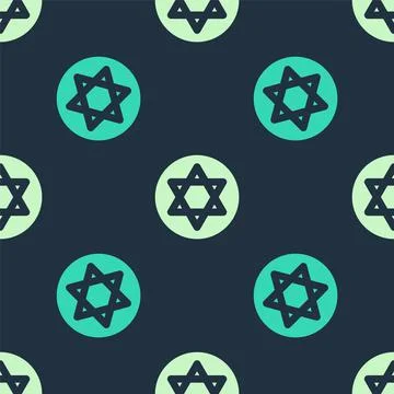 Green and beige Star of David icon isolated seamless pattern on blue background Stock Illustration