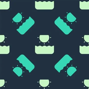 Green and beige Sun icon isolated seamless pattern on blue background.  Vecto Illustrazione stock