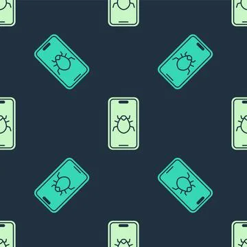 Green and beige System bug on mobile icon isolated seamless pattern on blue Stockillustratie