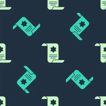 Green and beige Torah scroll icon isolated seamless pattern on blue background Stock Illustration