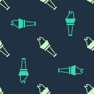 Green and beige Torch flame icon isolated seamless pattern on blue background 库存插图