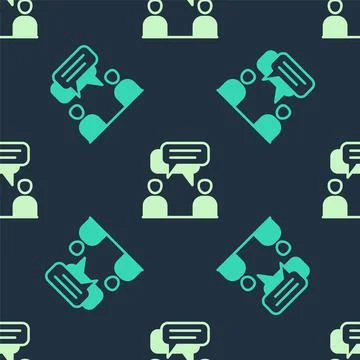 Green and beige Two sitting men talking icon isolated seamless pattern on blue Stock Illustration