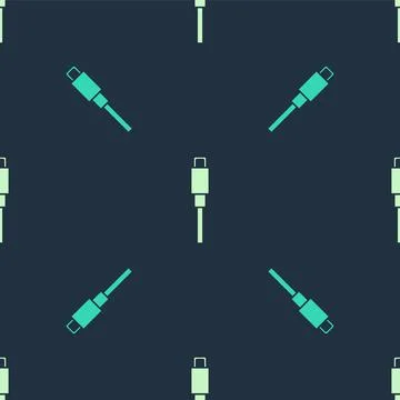 Green and beige USB cable cord icon isolated seamless pattern on blue background Stock Illustration