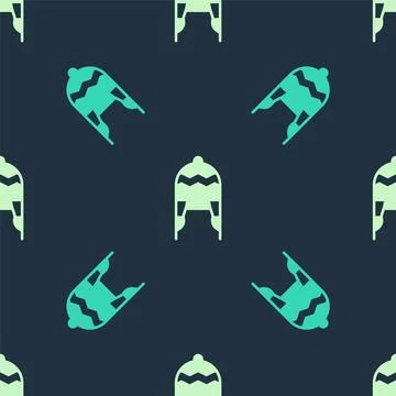 Green and beige Winter hat icon isolated seamless pattern on blue background Stock Illustration