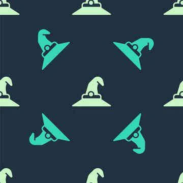 Green and beige Witch hat icon isolated seamless pattern on blue background Stock Illustration