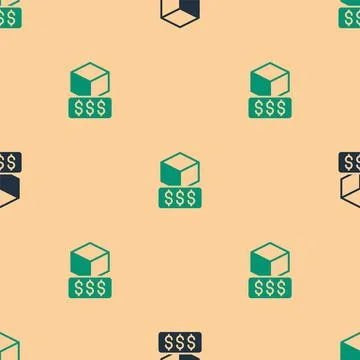 Green and black 3D printer services icon isolated seamless pattern on beige Stock Illustration