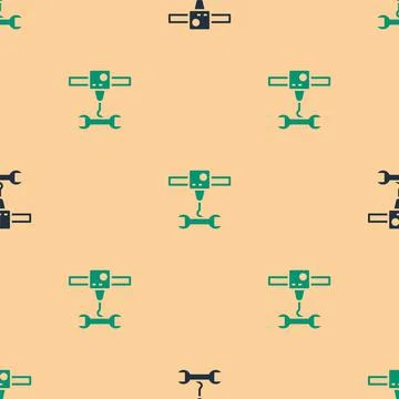Green and black 3D printer wrench spanner icon isolated seamless pattern on Stock Illustration