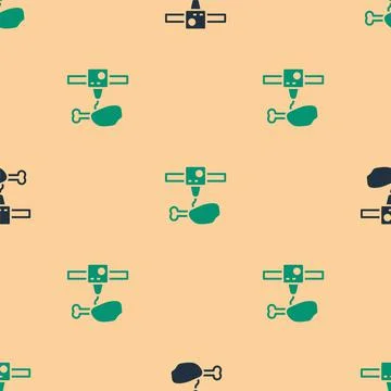 Green and black 3D printer chicken leg icon isolated seamless pattern on beige Stock Illustration