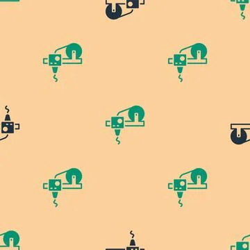 Green and black 3D printer icon isolated seamless pattern on beige background Stock Illustration