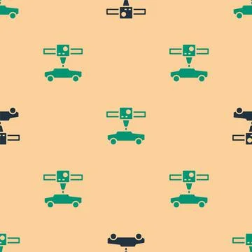 Green and black 3D printer car icon isolated seamless pattern on beige Stock Illustration