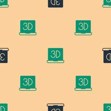 Green and black 3D printer icon isolated seamless pattern on beige background Stock Illustration