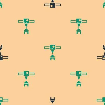 Green and black 3D printer house icon isolated seamless pattern on beige Stock Illustration