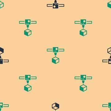 Green and black 3D printer cube icon isolated seamless pattern on beige Stock Illustration