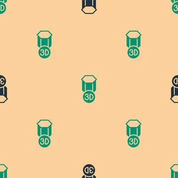 Green and black 3D printer icon isolated seamless pattern on beige background Stock Illustration