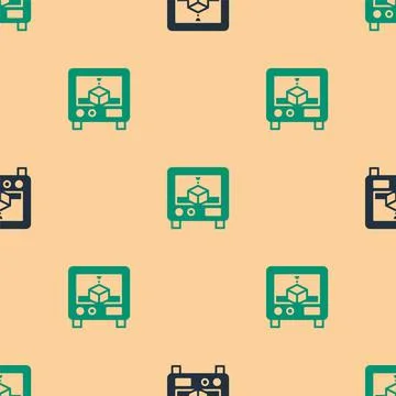 Green and black 3D printer icon isolated seamless pattern on beige background Stock Illustration