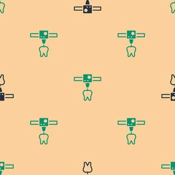 Green and black 3D printer tooth icon isolated seamless pattern on beige Stock Illustration