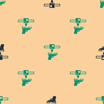 Green and black 3D printer gun icon isolated seamless pattern on beige Stock Illustration