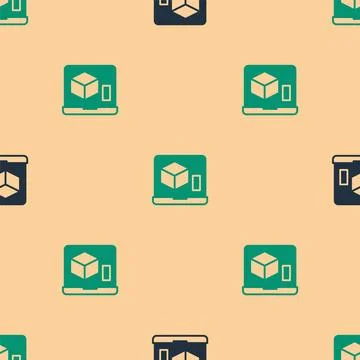 Green and black 3D printer icon isolated seamless pattern on beige background Illustrazione stock