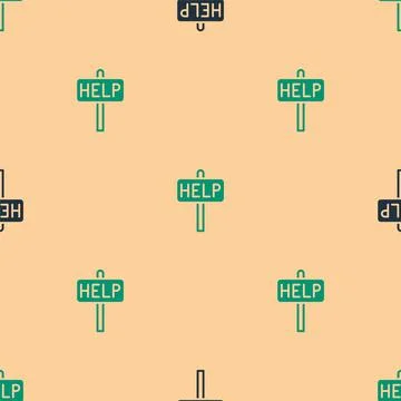 Green and black Ask for help text icon isolated seamless pattern on beige bac Stock Illustration