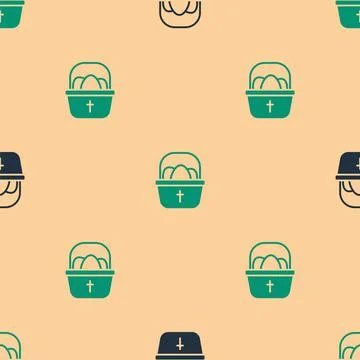 Green and black Basket with easter eggs icon isolated seamless pattern on beige Stock Illustration