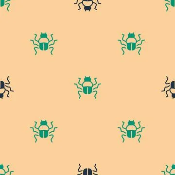 Green and black Beetle bug icon isolated seamless pattern on beige background Stock Illustration