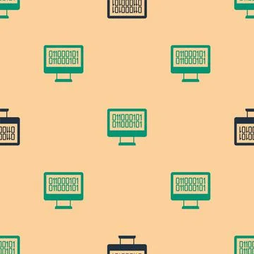 Green and black Binary code icon isolated seamless pattern on beige background Stock Illustration