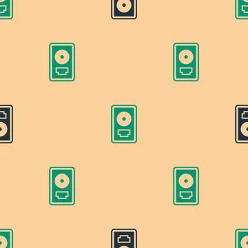 Green and black CD disk award in frame icon isolated seamless pattern on beig 스톡 일러스트