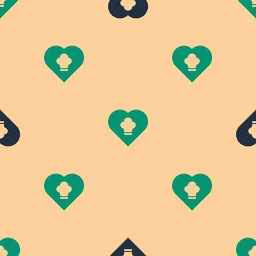Green and black Chef hat icon isolated seamless pattern on beige background Stock Illustration