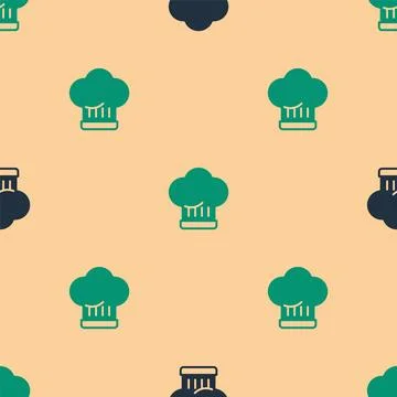 Green and black Chef hat icon isolated seamless pattern on beige background.. 스톡 일러스트