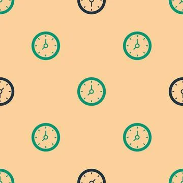 Green and black Clock icon isolated seamless pattern on beige background. Tim Illustrazione stock