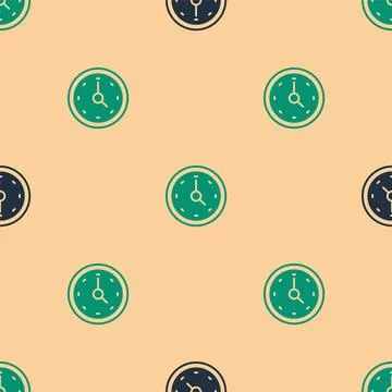 Green and black Clock icon isolated seamless pattern on beige background. T.. Stock Illustration
